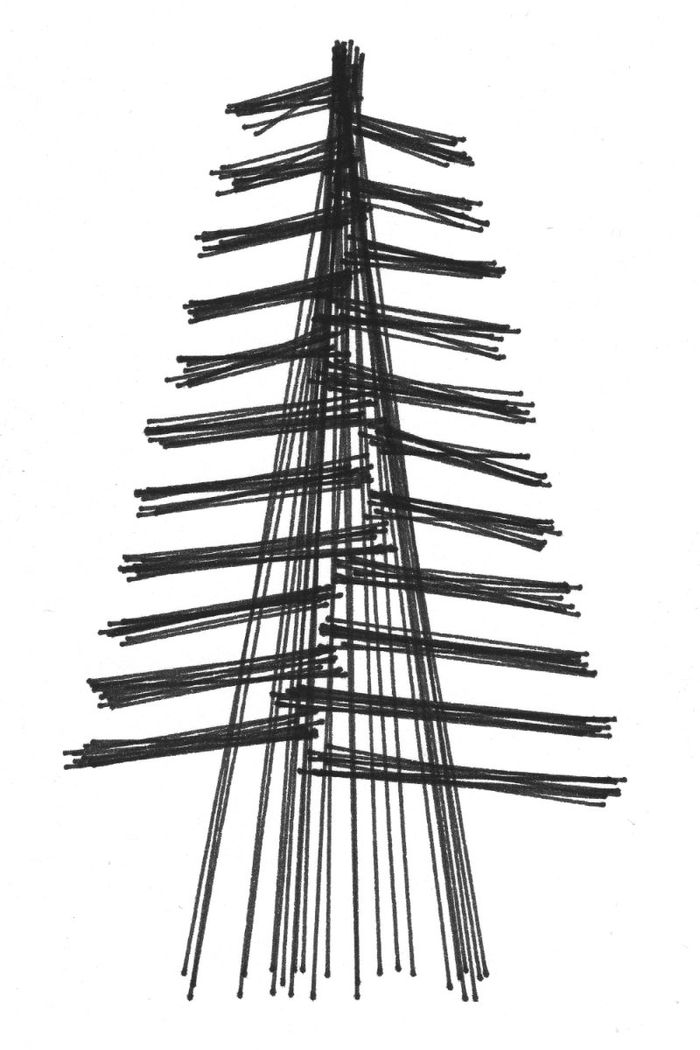 Series 01, “Pine” — a pine tree built from straight inked strokes fanning out from a single trunk line. The original you receive is a unique pen-plotted variation of this design, not this exact piece.