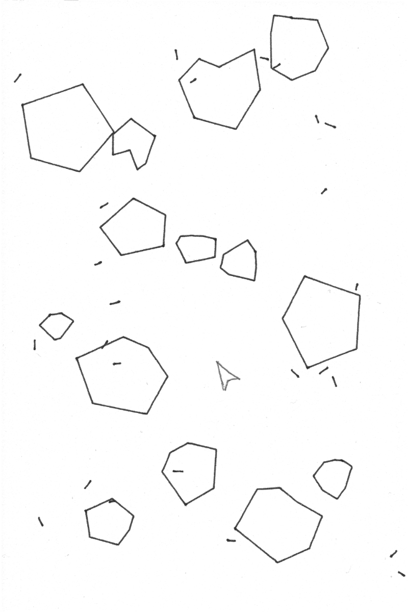Series 02, “Game” — rocks tumbling across a screen, with a small triangular player hand-drawn in pencil on each piece, evoking an '80s arcade screen. Your original is a unique pen-plotted variation, not this exact piece.